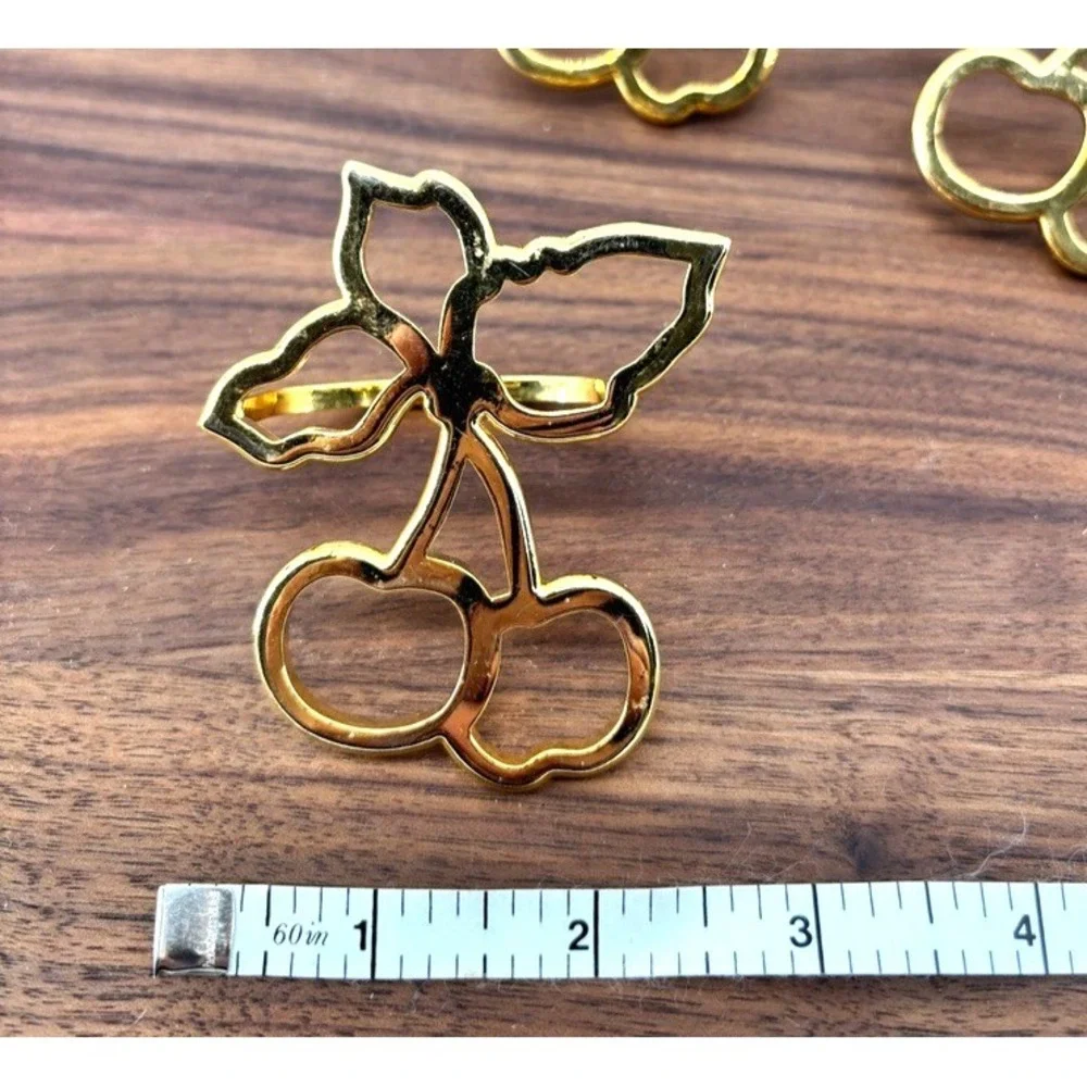 Gold Tone Cherry Napkin Rings Set of 4 Metal Fruit Design Table Decor Cottage